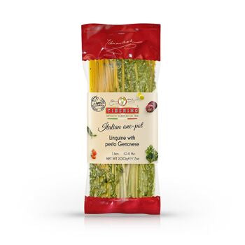 Linguine au pesto végan de basilic "Genois", pâtes italiennes trafilées au bronze avec un assaisonnement prêt à cuire - 2 portions
